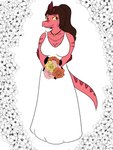 anthro bodily_fluids bouquet breasts brown_eyes brown_hair cleavage clothed clothing crying dress elbow_feathers eyelashes feathers female flower flower_bouquet hair jewelry long_hair long_tail looking_at_viewer multicolored_body multicolored_scales necklace plant ponytail red_body red_feathers red_scales red_stripes scales smile snout solo striped_body striped_scales stripes tail tears tears_of_joy two_tone_body two_tone_scales wedding_dress yellow_sclera arsenic_iii cavemanon_studios i_wani_hug_that_gator victoria_(iwhtg) dinosaur dromaeosaurid feathered_dinosaur feathered_scalie prehistoric_species reptile scalie theropod velociraptor 2023 3:4 digital_drawing_(artwork) digital_media_(artwork) hi_res