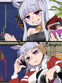 5_fingers accessory alcohol bangs beverage black_clothing black_dress black_shirt black_topwear breasts brown_clothing brown_hat brown_headwear closed_frown clothed clothed_female clothed_humanoid clothing container cup depression dress drinking_glass eye_bags eyelashes female female_humanoid fingers frown glass glass_container glass_cup gold_(metal) gold_jewelry gold_necklace grey_ears grey_hair gun hair hair_accessory handgun hat headgear headwear holding_container holding_cup holding_drinking_glass holding_gun holding_handgun holding_object holding_ranged_weapon holding_revolver holding_weapon holding_wine_glass jacket jewelry lipstick long_hair looking_at_viewer makeup medium_breasts mouth_closed multicolored_clothing multicolored_dress multicolored_topwear narrowed_eyes necklace pink_lipstick pupils purple_eyes ranged_weapon red_clothing red_dress red_jacket red_topwear revolver shirt smile smiling_at_viewer solo stock_market topwear two_tone_clothing two_tone_dress two_tone_hat two_tone_jacket two_tone_topwear weapon white_clothing white_jacket white_topwear wine wine_glass yellow_clothing yellow_hat yellow_headwear bongftah cygames uma_musume_pretty_derby gold_ship_(pretty_derby) animal_humanoid equid equid_humanoid equine equine_humanoid horse_humanoid humanoid mammal mammal_humanoid 2025 absurd_res hi_res signature