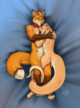 anthro bedding bedding_background brown_body brown_fur collar cuddling duo eyes_closed fluffy fluffy_tail fur hand_on_back hand_on_chest head_on_chest living_tail male orange_body orange_fur snake_tail tail unusual_anatomy unusual_tail white_body white_fur sunitai canid canine fox mammal red_fox reptile scalie snake snotter true_fox hi_res