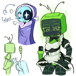 antennae_(anatomy) apron bedding black_clothing blanket blush bottomless bottomwear butt clothed clothing clothing_lift crescent_moon duo electronics female genitals hat headgear headwear maid_uniform male male/female microphone moon neck_bow nightcap peaking presenting presenting_hindquarters skirt skirt_lift smile standing underskirt uniform vulva lolmaria blushcrunch_studio dandy's_world roblox astro_(dandy's_world) vee_(dandy's_world) toon_(dandy's_world) 1:1 hi_res