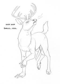 antlers balls bodily_fluids dialogue dripping erection feral feral_with_hands fur genital_fluids genitals hooves horn male precum precum_drip scut_tail short_tail solo tail text arania the_cabin_in_the_woods_(arania) keith_(tcitw) deer mammal comic english_text hi_res monochrome maleherm_(lore)