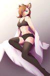 anthro black_clothing black_panties black_underwear bra brown_body brown_fur brown_hair clothing covered_eye female fur green_eyes hair legwear long_legs panties small_waist solo teasing thick_thighs thigh_highs underwear sponatam canid canine canis domestic_dog mammal hi_res