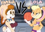 anthro ball basketball_(ball) basketball_uniform blurred_background bomb bra clothed clothing cocky colored crowd detailed_background digital_media_(artwork) duo_focus english_text explosives female fight fighting_pose fighting_ring fire group hi_res lagomorph leporid lola_bunny looney_tunes mammal midriff open_mouth pester pose sega shirt smile sonic_the_hedgehog_(series) sports_bra sportswear tank_top text title_card topwear underwear uniform vanilla_the_rabbit warner_brothers wrestler_costume