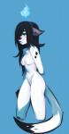 anthro big_ears black_hair black_nose blue_background blue_eyes blush breasts chest_tuft dipstick_tail embarrassed eyelashes eyeshadow female frown hair hair_over_eye half-closed_eyes lips long_hair long_tail makeup markings messy_hair multicolored_tail narrowed_eyes navel nipples nude one_eye_obstructed pink_nipples side_view simple_background small_breasts solo tail tail_markings thick_lips tuft eymbee juno_(nanodarkk) mammal absurd_res hi_res portrait three-quarter_portrait