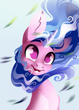 blue_hair female feral fur hair horn leaf open_mouth open_smile pink_body pink_fur purple_eyes smile solo wind 28gooddays hasbro mlp_g5 my_little_pony mythology izzy_moonbow_(mlp) equid equine mammal mythological_creature mythological_equine unicorn portrait