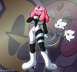 2_tails abstract_background big_breasts black_clothing breasts clothing cosplay female footwear forehead_gem gem grey_body high_heels huge_breasts magenta_body multi_tail not_furry pokemorph red_gem shoes smile solo tail tail_gem text white_clothing white_footwear white_high_heels yellow_eyes sawcraft1 nintendo pokemon team_galactic jupiter_(pokemon) madeline_(al33444) generation_4_pokemon humanoid legendary_pokemon mesprit pokemon_(species) 2025 artist_name hi_res