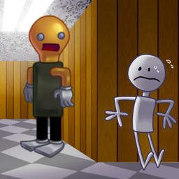 blocky_body bodysuit clothing duo empty_eyes floor gameplay_mechanics gloves grey_clothing grey_gloves grey_handwear handwear male male_human orange_body scary school simple_face skinsuit tight_clothing tile tile_floor white_body imgloka baldi's_basics_in_education_and_learning the_test_(baldi's_basics) human humanoid mammal 1:1 absurd_res hi_res