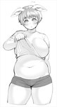 animal_ears belly big_breasts biped blush blush_lines bob_cut bodily_fluids bottomwear breasts clothed clothing clothing_lift eyelashes female flying_sweatdrops hair love_handles nails navel not_furry open_mouth presenting_belly shirt shirt_lift short_hair shorts slightly_chubby slightly_chubby_female slightly_chubby_humanoid solo standing sweat sweatdrop t-shirt thick_thighs topwear synecdoche plus-sized_elf oku_(plus-sized_elf) animal_humanoid humanoid mammal mammal_humanoid orc pig_humanoid suid suid_humanoid suina suina_humanoid 2017 greyscale monochrome official_art portrait three-quarter_portrait