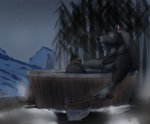 alcohol anthro axe bathing beverage black_body black_fur bottle braided_fur bucket container contemplating forest fur glowing holding_axe holding_beverage holding_object holding_weapon looking_aside male melee_weapon mountain night notched_ear nude outdoor_nudity outside plant scar sitting snow solo star steam tree water weapon wet metal-head-rush armello league_of_geeks fang_(armello) canid canine canis mammal wolf 2018