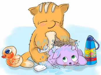 :3 ambiguous_feral ambiguous_gender bathing blush countershading dipstick_tail duo eyes_closed feral foam fur green_eyes holding_object looking_at_another lying markings on_front orange_body orange_fur purple_body quadruped rubber_duck scrubbing sitting smile soap sponge tail tail_markings water whiskers white_body white_countershading white_tail_tip young young_ambiguous young_feral carpdime pinkyfluffy fluffy_pony canid canine fluffy_pony_(species) mammal digital_media_(artwork) shaded