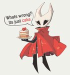 2_horns biped black_body black_eyes black_legs black_text cake cheek_spots cloak clothed clothing dessert dialogue eyelashes featureless_feet feet female fingers food holding_plate horn plate question_mark red_cloak red_clothing red_text simple_background solo speech_bubble standing text white_background white_head ak-me hollow_knight team_cherry hornet_(hollow_knight) arthropod 2025 digital_media_(artwork) english_text hi_res