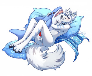 animal_genitalia animal_penis anthro anus balls black_claws black_pawpads blue_eyes blue_markings blush claws collar erection fluffy fluffy_tail fur genitals hair hug hugging_object hugging_plushie knot knotted_penis looking_at_viewer lying male markings nude on_back pawpads penis pillow pink_anus plushie red_penis simple_background smile smiling_at_viewer smug solo tail white_background white_body white_fur white_hair konejo ikea blahaj arctic_fox canid canine fox mammal true_fox 2023 colored digital_drawing_(artwork) digital_media_(artwork) hi_res shaded