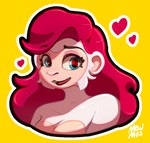 anthro black_lips blue_eyes breasts female fur hair heart_symbol lips open_mouth red_hair simple_background smile solo white_body white_fur yellow_background mewmus rose_(mewmus) haplorhine mammal monkey primate 2023 portrait