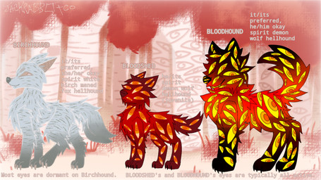 adolescent ambiguous_gender birch_tree claws confusion eyes_closed feral forest forest_background grass group multi_eye nature nature_background plant smile smirk spiral spiral_eyes standing tree trio walking white_birch young jackrabbit_(artist) mythology birchhound_(jackrabbit) bloodhound_(jackrabbit) bloodshed_(jackrabbit) canid canid_demon canine canis demon hellhound mammal maned_fox maned_wolf mythological_canine mythological_creature spirit wolf 16:9 2025 4k absurd_res colored_line_art digital_media_(artwork) hi_res ibispaint_(artwork) model_sheet widescreen