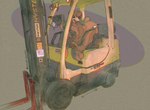 anthro bent_over brown_background forklift grin male nub_tail paws permagrin plushie purple_background relaxed_expression relaxing simple_background sitting smile solo striped_body stripes blushing_yokai tobias_weatherby animate_inanimate canid canine canis domestic_dog living_plushie mammal
