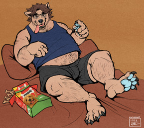 anthro belly belly_hair black_bottomwear black_clothing black_shorts blue_clothing blue_shirt blue_tank_top blue_topwear body_hair bottomwear clothing demi_transformation dog_food dog_treat eyewear glasses looking_at_viewer lying male on_back onyx_enigma pawpads pet_food shirt shorts solo tank_top tongue tongue_out topwear transformation transformation_through_food wearing_glasses nyx_moon canid canine mammal absurd_res hi_res