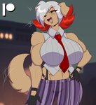 abs anthro big_breasts black_lipstick bottomwear breasts clothing female gloves green_eyes handwear lipstick makeup muscular muscular_anthro muscular_female necktie open_mouth pants smile solo suspenders tongue mastergodai rascals revy_(mastergodai) canid canine canis domestic_dog mammal absurd_res hi_res