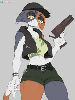 anthro clothed clothing ear_piercing female gun hat headgear headwear holding_gun holding_object holding_ranged_weapon holding_weapon piercing ranged_weapon simple_background solo weapon yellow_eyes cooliehigh epic_games fortnite meow_skulls calico_cat domestic_cat felid feline felis mammal 2023 hi_res