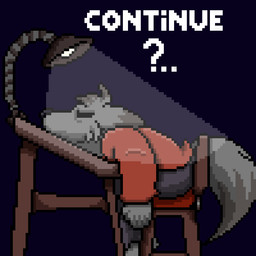 anthro big_tail biped black_bottomwear black_clothing black_pants bottomwear chair clothing continue_screen desk fluffy fluffy_tail fur furniture furniture_lamp gameplay_mechanics grey_body grey_fur hair light light_beam male male_anthro office_chair on_chair pants question_mark red_sweatshirt short_hair side_view simple_background sitting sitting_on_chair sleeping sleeping_on_desk solo sweatshirt table tail text tired twtr wolf_(twtr) canid canine canis mammal wolf 1:1 digital_media_(artwork) english_text hi_res pixel_(artwork)