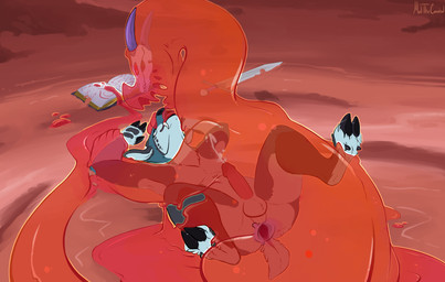 anal anal_penetration anthro anthro_on_anthro anthro_penetrated anthro_penetrating anthro_penetrating_anthro balls blue_body blue_fur bodily_fluids book cloven_hooves cum cum_while_penetrated cumshot duo ejaculation erection fur genital_fluids genitals grey_body grey_fur hooves horn humanoid_genitalia humanoid_penis lying male male/male male_anthro male_penetrated male_penetrating male_penetrating_male melee_weapon nude nude_anthro nude_male on_back penetration penile penile_penetration penis penis_in_ass pink_penis red_body sex sword tail translucent translucent_body tusks weapon meldritchhorror thoril cervine deer goo_creature mammal muntjac 2017 hi_res