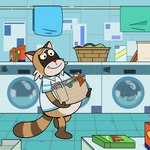 anthro appliance biped brown_body laundry laundry_basket laundry_machine laundry_room male red_nose slightly_chubby solo fictionist12 robot_dreams rascal_(robot_dreams) mammal procyonid raccoon 1:1 2024 hi_res