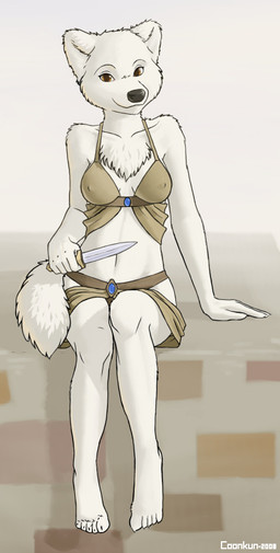 anthro biped breasts chest_tuft clothed clothing dagger female femme_fatale fur holding_object holding_weapon knife melee_weapon midriff sitting skimpy solo tail tuft weapon white_body white_fur coonkun canid canine canis domestic_dog mammal nordic_sled_dog samoyed spitz 2008