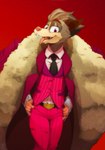 5_fingers anthro claws clothing coat dress_shirt fingers looking_at_viewer male necktie pockets red_background red_clothing red_eyes red_suit sharp_teeth shirt simple_background solo stylish suit teeth thumbs_in_pockets topwear 3rdharleyjoe red_(3rdharleyjoe) american_opossum mammal marsupial virginia_opossum hi_res