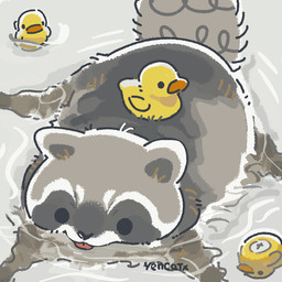 black_eyes black_nose chibi dot_eyes feral grey_body rubber_duck simple_eyes solo tongue tongue_out water white_body yencatx mammal procyonid raccoon 1:1 2022