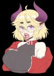 ahoge big_breasts black_background blonde_hair blush breasts clothed clothing collar eyebrow_through_hair eyebrows eyewear female glasses hair horn lips looking_at_viewer not_furry open_mouth purple_eyes purple_horn sharp_teeth simple_background solo teeth teeth_showing thick_lips three-quarter_view translucent translucent_hair scarfyace horned_humanoid humanoid absurd_res alpha_channel bust_portrait digital_drawing_(artwork) digital_media_(artwork) hi_res portrait