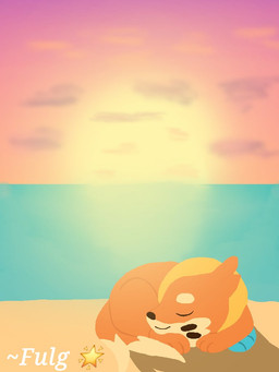 2_tails 3_fingers ambiguous_gender beach feral fingers fur long_tail multi_tail orange_body orange_fur orange_tail outside sleeping solo sunset tail text fulgito_ast nintendo pokemon buizel generation_4_pokemon pokemon_(species) 2025 3:4 artist_name