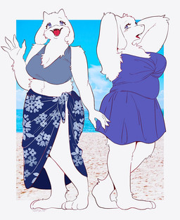 anthro beach big_breasts blush blush_lines breasts claws clothing fangs female floppy_ears gesture looking_aside looking_at_viewer looking_away open_mouth purple_clothing purple_swimwear sarong sharp_teeth solo swimwear teeth thick_thighs waving waving_at_viewer wide_hips miz7xf undertale_(series) toriel bovid caprine goat mammal monster 2024