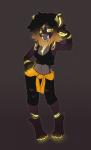 anthro black_body black_fur clothed clothing fangs female fully_clothed fur glowing glowing_eyes gold_markings gradient_background hair markings sabertooth_(anatomy) simple_background solo teeth yellow_eyes box-cat artemis_dyne felid feline lynx mammal digital_media_(artwork) hi_res