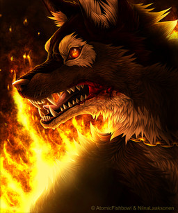 ambiguous_gender black_body black_fur chain_collar collar fangs feral fire fur open_mouth pupils red_eyes slit_pupils snarling snout solo teeth tongue falvie niinalaaksonen canid canine mammal 2010 5:6 artist_collaboration bust_portrait digital_media_(artwork) digital_painting_(artwork) painting_(artwork) portrait shaded