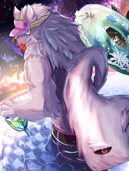 anthro beach clothing container cup drinking_glass flower fluffy fluffy_tail fur glass glass_container glass_cup hat headgear headwear horn inflatable inner_tube living_tail looking_at_viewer looking_back looking_back_at_viewer male night one_eye_closed plant purple_body purple_fur rear_view rose_(flower) smile solo swimwear tail unusual_anatomy unusual_tail visor_cap wine_glass wink kidora_pokipoki lifewonders tokyo_afterschool_summoners bathym_(tas) canid canine canis demon mammal wolf hi_res