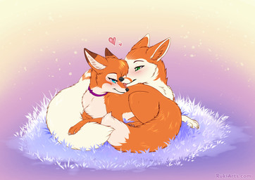 ambiguous_gender blush claws duo feet feral feral_on_feral fluffy fluffy_tail fur heart_symbol intraspecies quadruped smile tail text toes tongue rukifox miyuki_(rukifox) raito_(hekkibluefox) canid canine fox mammal 2026 digital_drawing_(artwork) digital_media_(artwork) url female_(lore) male_(lore)