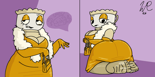 ambiguous_gender annoyed anthro big_breasts boa_(clothing) breasts clothing container cup dress fancy_clothing feet female foot_fetish foot_focus humanoid_feet plantigrade purse requesting simple_background solo steam steamy_feet tea_cup wrinkled_feet wrinkles warprat blushcrunch_studio dandy's_world teagan_(dandy's_world) 2:1 hi_res sequence