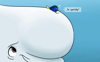 blue_background blue_body brown_eyes dialogue duo female feral fish_tail male on_top_of_another on_top_of_head simple_background sparkles speech_bubble squish tail talking_feral text underwater water white_body white_head yellow_fin yellow_tail macrolago disney finding_dory finding_nemo pixar bailey_(finding_dory) dory_(finding_nemo) acanthurid aquatic beluga cetacean fish mammal monodontid regal_tang toothed_whale 2022 english_text hi_res
