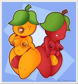 abstract_background apple areola balls belly big_balls big_breasts big_penis blue_background breasts bulge chibi choker clothing duo eyeless flaccid food freckles fruit genitals glistening glistening_breasts gynomorph intersex jewelry leaf leaf_hair lips markings mole_(marking) mostly_nude navel necklace nipples not_furry orange_(fruit) orange_body penis plant plant_hair pose pseudo_hair puffy_areola puffy_nipples red_body shortstack shortstack_gynomorph shortstack_intersex simple_background slightly_chubby smile smiling_at_viewer thick_lips thick_thighs thong underwear wide_hips thisnameistaken elemental_creature flora_fauna food_creature food_humanoid humanoid 2022 digital_media_(artwork) hi_res pinup