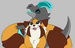 anthro anthro_on_anthro biped black_eyes black_nose black_sclera blue_eyes blue_horn blue_penis blue_tongue blush blush_lines brown_body brown_ears brown_fur brown_markings brown_stripes brown_tail duo erection eyelashes female fur genitals grey_background grey_nose grey_tail hand_on_tail horn interspecies looking_at_another male male/female markings multicolored_body multicolored_fur multicolored_tail nude nude_anthro nude_female nude_male open_mouth orange_body orange_fur orange_tail penis red_tongue semi-anthro simple_background striped_body striped_fur striped_markings striped_tail stripes tail tail_markings tapering_penis tongue two_tone_tail white_body white_fur squigglydraws koro_(squigglydraws) side_b ailurid canid canine hybrid kobold mammal raccoon_dog red_panda reptile scalie tanuki 2024 digital_drawing_(artwork) digital_media_(artwork) hi_res