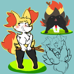 all_fours anus balls bent_over breasts butt dipstick_tail fangs female genitals grass inner_ear_fluff long_inner_ear_fluff male markings penis plant presenting presenting_hindquarters spread_legs spreading tail tail_markings teeth teeth_showing tuft vulva heyomaerow nintendo pokemon braixen generation_6_pokemon pokemon_(species) 1:1 absurd_res hi_res multiple_scenes sketch