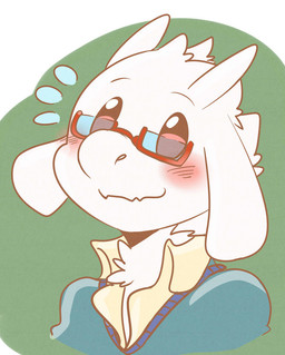 anthro black_eyes blush bodily_fluids clothed clothing eyewear floppy_ears flying_sweatdrops fur glasses green_background head_tuft horn male shirt simple_background smile solo sweat sweatdrop sweater topwear tuft white_background white_body white_fur saku1saya undertale undertale_(series) asriel_dreemurr boss_monster_(undertale) bovid caprine mammal 2015 bust_portrait portrait