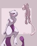 ambiguous_gender annoyed blue_eyes duo eye_contact looking_at_another pink_body purple_eyes simple_background smile tail white_body itz_smi73 nintendo pokemon generation_1_pokemon legendary_pokemon mew_(pokemon) mewtwo pokemon_(species) 4:5 hi_res