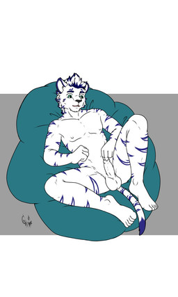 adolescent anthro balls cube foreskin foreskin_play fur furniture genitals green_eyes male markings nude penis size_difference small_balls smaller_male sofa solo spots striped_body striped_fur stripes white_body white_fur young hunterramirez tom_(hunterramirez) felid mammal pantherine tiger 3:5 hi_res