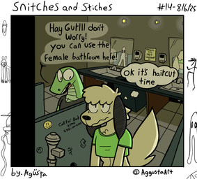 anthro bathroom black_body black_clothing black_ears black_fur black_nose black_shirt black_text black_topwear border chest_tuft clothing crop_top detailed_background dialogue duo floor fur gender_confusion glory_hole graffiti green_body green_clothing green_crop_top green_shirt green_topwear hair inside looking_at_another male mirror mouth_closed multicolored_body multicolored_fur open_mouth phone_number public_restroom shirt sign sink smiley_face soap_dispenser speech_bubble tail tan_body tan_fur tan_hair text thought_bubble tile tile_floor topwear tuft urinal white_border agusta stich_(agusta) canid canine canis domestic_dog fresno_nightcrawler lizard mammal reptile scalie 2025 absurd_res artist_name comic dated english_text hi_res one_panel_comic sketch