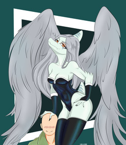 anthro armwear biped black_clothing black_legwear black_thigh_highs blush bone_frill breasts bridal_gauntlets bunny_costume canon_couple claws clothed clothed_anthro clothed_female clothed_human clothed_male clothing costume duo elbow_feathers feathered_wings feathers female finger_claws fingers frill_(anatomy) green_background green_clothing green_jacket green_topwear grey_body grey_feathers grey_hair hair hand_on_hip human_on_anthro humanoid_hands interspecies jacket legwear long_hair looking_at_viewer male male/female markings medium_breasts non-mammal_breasts orange_eyes pose romantic romantic_couple seductive short_tail simple_background skimpy smile smirk standing striped_markings stripes tail text thigh_highs topwear wings louiss. cavemanon_studios goodbye_volcano_high ko_op_(game_developer) snoot_game anon_(snoot_game) fang_(gvh) human mammal prehistoric_species pterosaur reptile scalie 2025 absurd_res artist_name hi_res pinup
