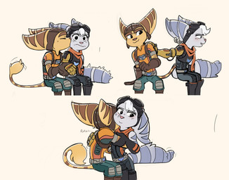anthro blush boots clothed clothing cybernetic_arm cybernetic_limb duo eyewear eyewear_on_head female fluffy fluffy_tail footwear fur gloves goggles goggles_on_head handwear hug kissing_cheek male male/female markings purring ring_(marking) ringed_tail scarf shoes simple_background striped_markings striped_tail stripes tail tail_markings tail_tuft thin_tail tuft white_background white_body white_fur yellow_body yellow_fur time_fluffy500 ratchet_and_clank sony_corporation sony_interactive_entertainment ratchet_(ratchet_and_clank) rivet_(ratchet_and_clank) lombax mammal hi_res