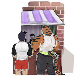 anthro beverage black_hair black_stripes bottomwear brick_wall clothing coffee coffee_cup container cup duo ears_up fur hair male male/male orange_body orange_fur pants rear_view shirt shorts side_by_side standing stripes t-shirt tail tools topwear wall_(structure) wrench ayato_kamata extracurricular_activities azaghal_(character) eric_(extracurricular_activities) felid human mammal pantherine tiger hi_res watermark