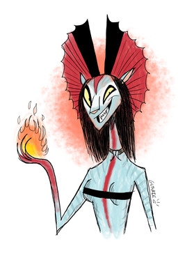 black_clothing black_crop_top black_hair black_shirt black_topwear blue_body clothing crop_top evil_grin female feral fire fire_hand fire_in_hand hair long_hair markings pale_skin red_markings sharp_teeth shirt smile solo teeth topwear white_markings yellow_sclera likaa924 20th_century_fox 20th_century_studios james_cameron's_avatar varang_(avatar) alien na'vi absurd_res hi_res