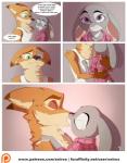 2016 4_fingers anthro canid canine claws clothed clothing comic conditional_dnp dialogue digital_media_(artwork) disney duo english_text eyes_closed female fingers fox fur green_eyes grey_body grey_fur hi_res judy_hopps kissing lagomorph leporid male male/female mammal nick_wilde number orange_body orange_fur page_number patreon patreon_logo purple_eyes rabbit red_fox romantic romantic_couple simple_background smile speech_bubble text true_fox url website_logo xnirox zootopia