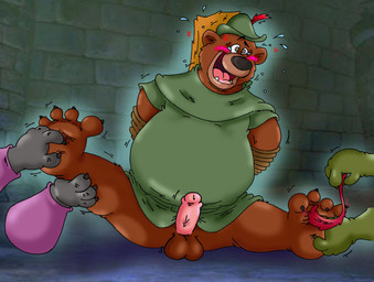 anthro arms_tied balls belly belt bodily_fluids bound breath brown_body brown_fur bycocket claws clothing erection feathers feet finger_claws fur genitals gloves grey_body grey_fur group hands_behind_back handwear hat hat_feather headgear headwear laugh loose_feather male open_mouth overweight overweight_anthro overweight_male red_cheeks shirt sweat tickle_torture tickling tickling_feet tied_to_pole toe_claws topwear trio tunic watery_eyes xxxdragonman disney robin_hood_(disney) little_john sheriff_of_nottingham ambiguous_species bear brown_bear canid canine canis grizzly_bear mammal ursine wolf hi_res